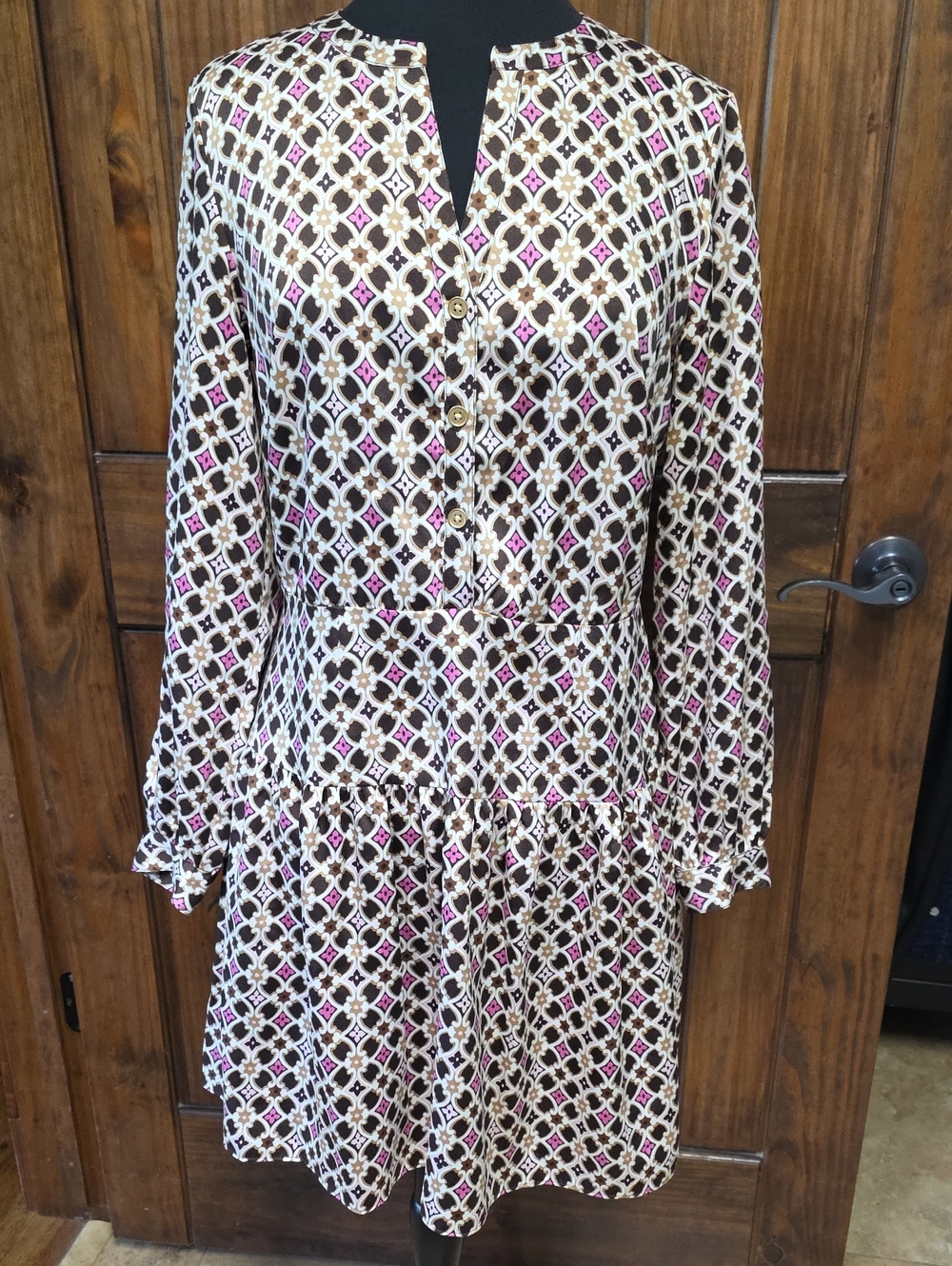 LOFT Cream, Brown & Pink Geometric Long-Sleeve Dress